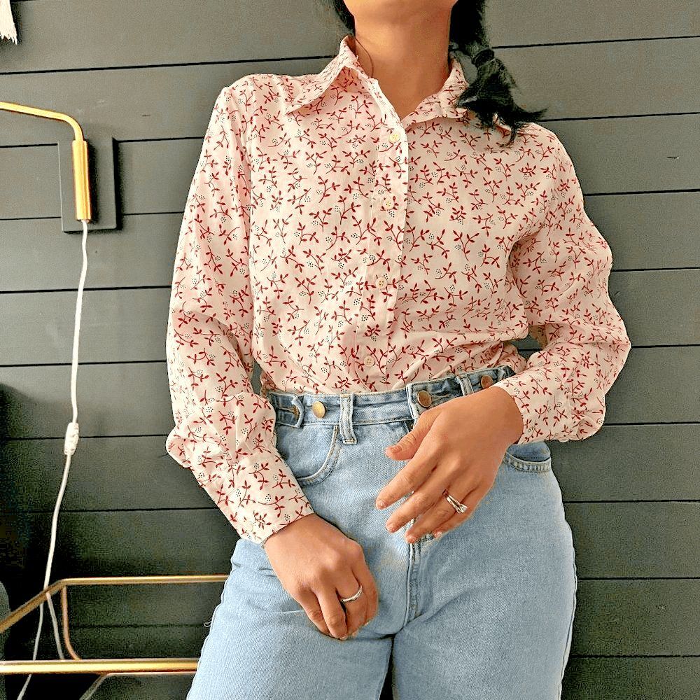 Vintage 1970s floral long sleeve button down blouse pretty secretary medium - Picture 1 of 9